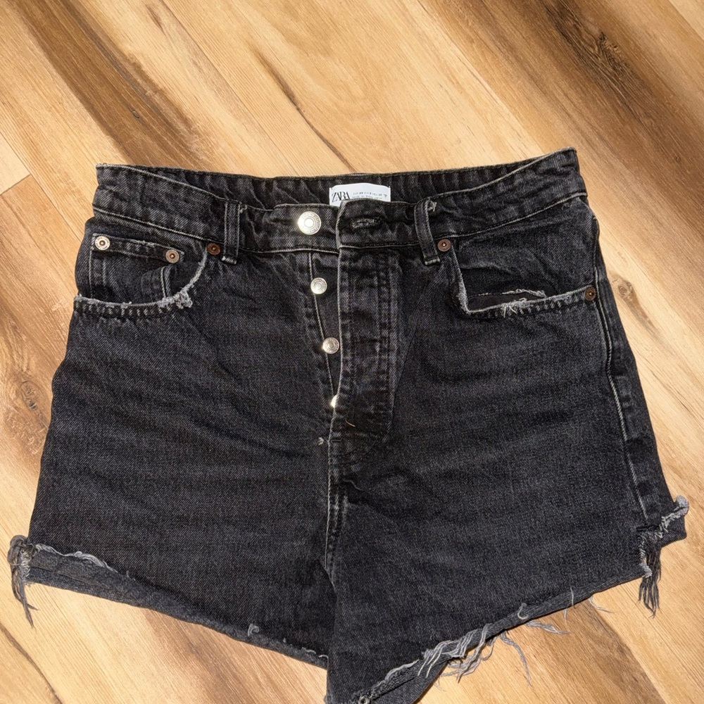 Zara Black Jean Shorts with Frayed Hem